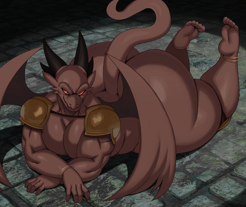 absurd_res anthro armor ass big_butt bottomless bottomless_male butt clothed clothing demon digital_media_(artwork) dragon feet gorwyll hi_res huge_butt looking_at_viewer lying male on_front red_eyes smile smirk solo sssonic2 tail thick_thighs wings