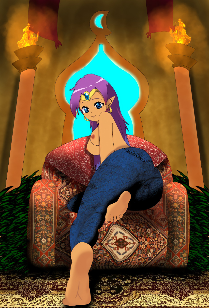 1girls arabian_architecture areolae ass back background bare_shoulders barefoot barefoot_under_trousers blue_eyes breasts brown_nipples brown_skin chair dark-skinned_female dark_skin denim earrings farron_(artist) feet female_only hair_down highres hoop_earrings islamic_architecture jeans jewelry legs long_hair looking_at_viewer looking_back mosque nipples pants plant pointy_ears purple_hair shantae shantae_(character) sitting smile smooth_skin soles solo tan_skin tiara toes topless torch