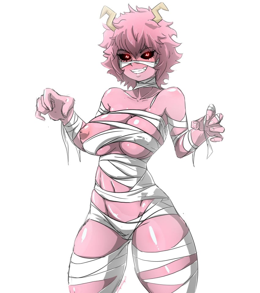 fishywishy horns mina_ashido mummy_costume my_hero_academia nipple pink_female pink_hair pink_skin short_pink_hair