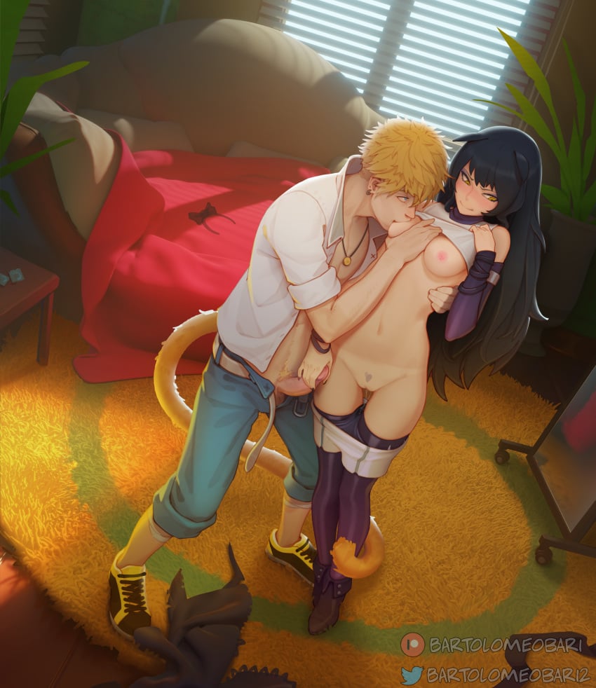 1boy 1girls 2020 artist_name bartolomeobari blake_belladonna blanket blush breast_grab breast_squeeze breast_sucking breasts breasts_out breasts_out_of_clothes carpet couch faunus female footwear handjob happy happy_female happy_sex headband headband_removed headwear headwear_removed human looking_at_partner looking_away looking_down looking_pleasured looking_up male male_and_female_focus manual nipples pale_skin panties panties_down pants pants_around_legs pants_around_thighs pants_down patreon_username penis pubic_hair pussy pussy_juice pussy_juice_drip red_blanket rooster_teeth rwby shirt shirt_lift shirt_up slim sun_wukong_(rwby) sunny tail tanline tight_clothing tights twitter_username uncensored undressing wet wet_pussy wholesome