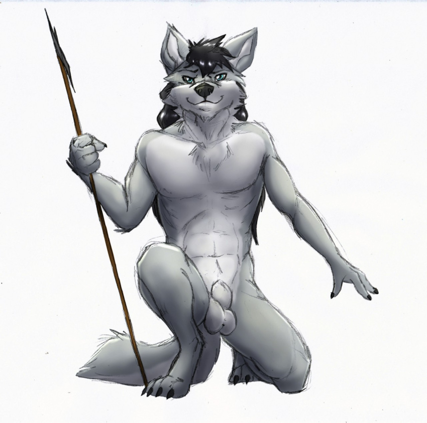 2017 abs animal_genitalia anthro athletic athletic_anthro athletic_male balls black_hair black_nose canid canine canis digital_media_(artwork) fur genitals grey_body grey_fur hair hi_res holding_object holding_spear holding_weapon kneeling long_hair looking_at_viewer maku_(masterofwolves99) male male_only mammal melee_weapon navel nude on_one_knee pecs pinup polearm pose sheath smile solo spear umpherio warrior weapon wolf