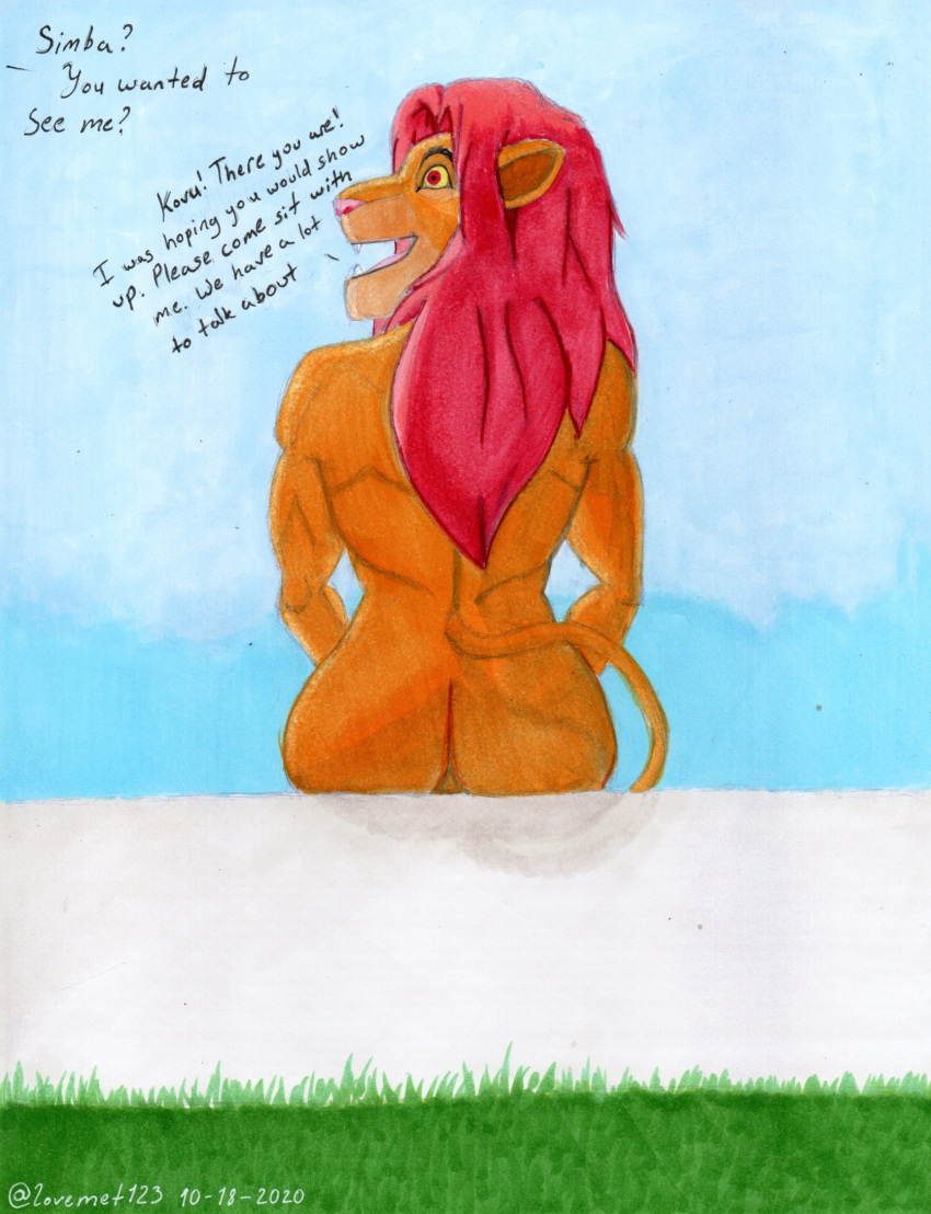 anthro ass blue_sky dialogue disney felid feline fur grass green_ground hair hi_res lion looking_back lovemet123_(lovemet_room) male male_focus male_only mammal mane mane_hair nude pantherine pink_nose red_eyes red_hair rim_light simba sitting sky smile solo the_lion_king wall_(structure) yellow_body yellow_fur yellow_sclera