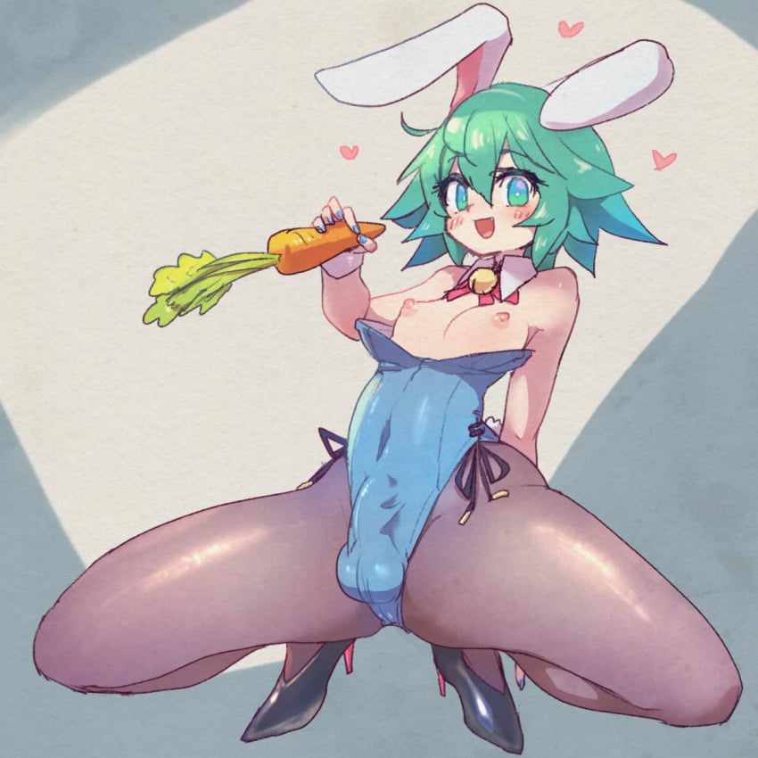 1boy animal_ears bare_chest bell_collar blue_eyes blush blushing bulge bulge_through_clothing bunny_ears bunny_suit carrot clothing cute cute_fang femboy feminine_male food girly green_hair high_heels looking_at_viewer male male_only moobs nipples open_mouth painted_nails penis penis_bulge rabbit_ears shii_(tbkeesuu) showing_off solo solo_male spread_legs squatting taint taint_bulge tbkeesuu