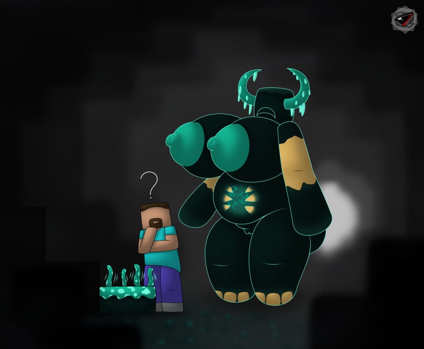 ? areolae breasts chubby fat female female_focus horns large_breasts minecraft nipples no_eyes open_mouth s0rcius sculk_sensor size_difference steve_(minecraft) thick_thighs thighs vagina warden_(minecraft) warden_woman_(minecraft)