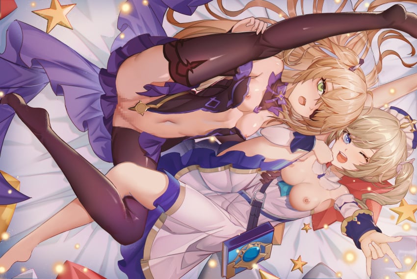 2girls barbara_(genshin_impact) blonde_hair breasts censored dress eyepatch fischl_(genshin_impact) genshin_impact jinjide_shaonian long_hair navel nipples no_bra no_shoes nopan nun pussy thighhighs wink