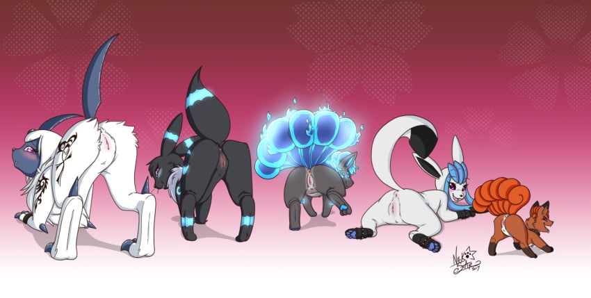 2017 5girls absol anus ass blush eeveelution female female_only feral fur furry furry_only genitals glaceon group hi_res larger_female looking_at_viewer looking_back nekostar nintendo pokemon pokemon_(species) presenting presenting_anus presenting_hindquarters presenting_pussy pussy raised_tail rear_view shiny_glaceon shiny_pokemon signature simple_background size_difference smaller_female smile tail umbreon video_games vulpix