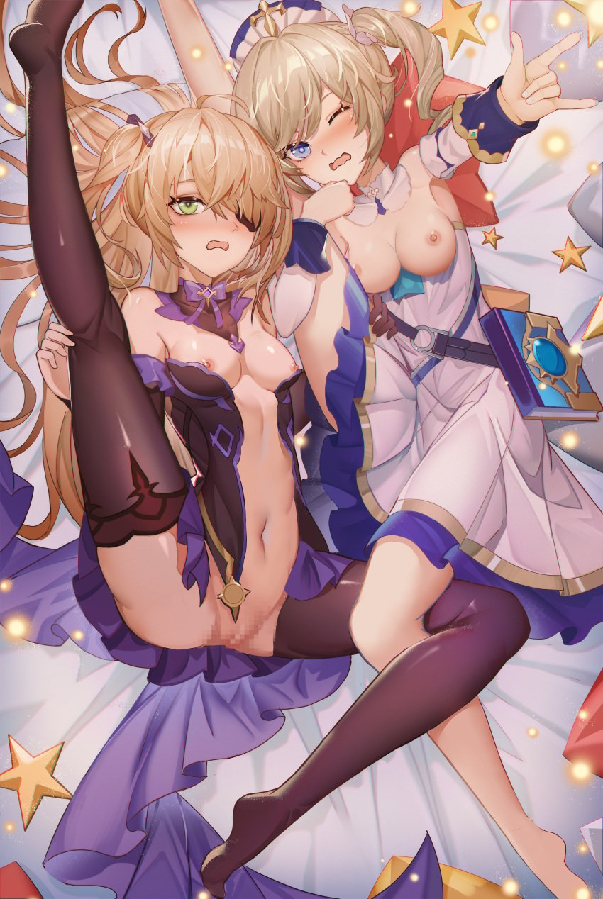 2girls ;d absurdres arm_up armpits barbara_(genshin_impact) bare_legs bare_shoulders bed_sheet black_legwear blonde_hair blush breasts breasts_out censored cleavage detached_collar detached_sleeves dress eyepatch fischl_(genshin_impact) frown genshin_impact green_eyes highres huge_filesize jinjide_shaonian leg_up long_sleeves lying mosaic_censoring multiple_girls navel nipples no_shoes nose_blush nun on_back on_bed one_eye_closed open_mouth pussy small_breasts smile star_(symbol) stomach thighhighs twintails two_side_up white_dress white_headwear