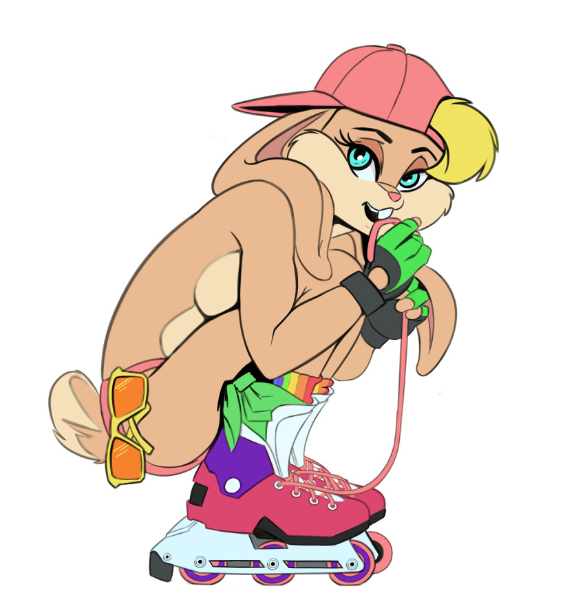 bikini bikini_bottom blonde blonde_female blonde_hair breasts colored eyewear_removed hat lagomorph lola_bunny looney_tunes mostly_nude playboy roller_skates saran-rape squatting sunglasses sunglasses_removed thong thong_bikini topless untied_shoes