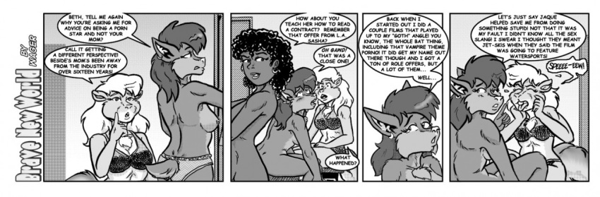 anthro beth_oakem blush bra breasts chiropteran clothing comic dialogue english_text female flo_munroe group human mammal monochrome nipples nude panties rodent sasha_gothica sciurid style_wager text tree_squirrel underwear undressing