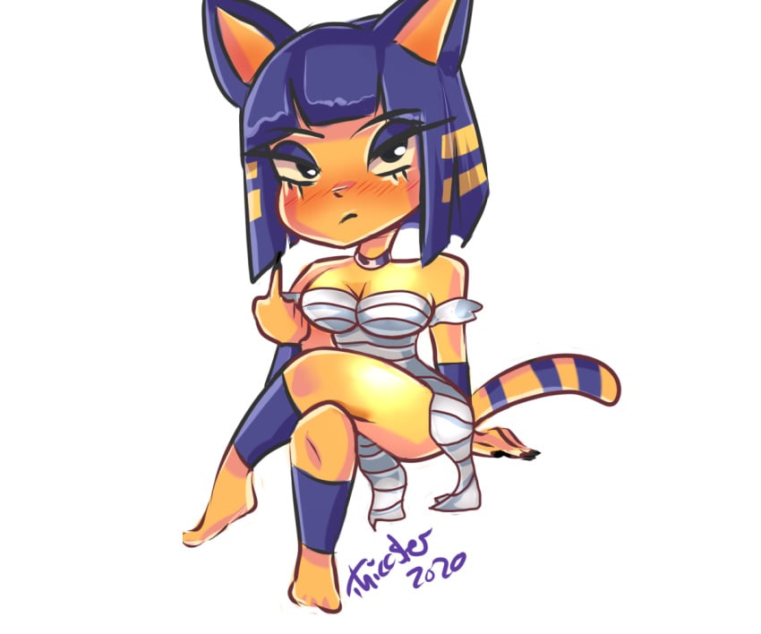 2020 animal_crossing animal_crossing_new_leaf ankha annoyed_expression big_breasts big_thighs breasts chibi cleavage crossed_legs cute egyptian flipping_off goth_girl meow nintendo nude nya thiccster yellow_skin