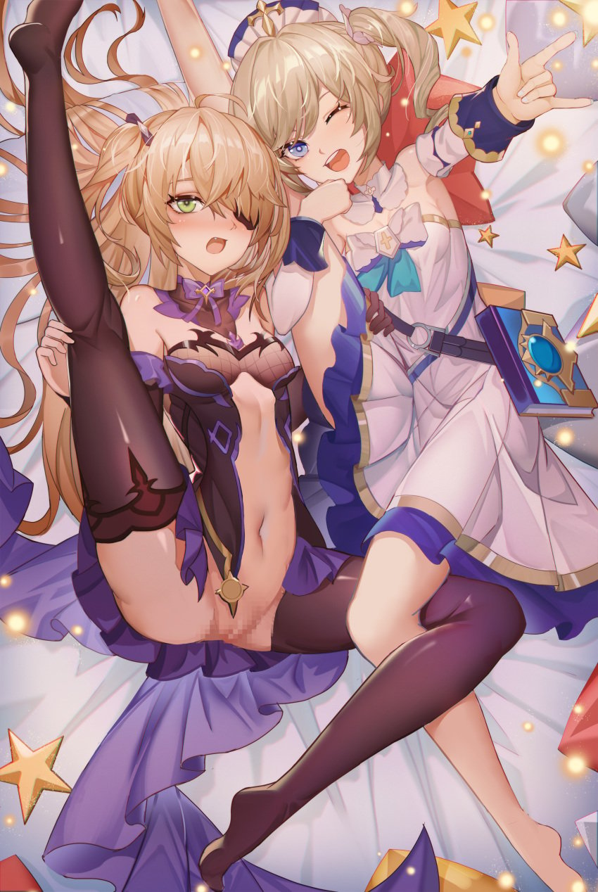 2girls ;d absurdres arm_up armpits barbara_(genshin_impact) bare_legs bare_shoulders bed_sheet black_legwear blonde_hair blush breasts censored cleavage detached_collar detached_sleeves dress eyepatch fischl_(genshin_impact) genshin_impact green_eyes highres huge_filesize jinjide_shaonian leg_up long_sleeves lying mosaic_censoring multiple_girls navel no_shoes nose_blush nun on_back on_bed one_eye_closed open_mouth pussy small_breasts smile star_(symbol) stomach thighhighs twintails two_side_up white_dress white_headwear