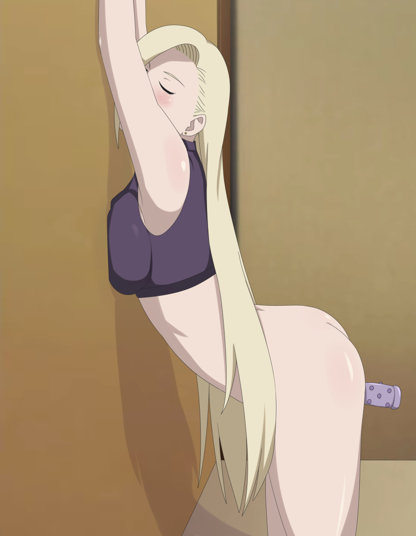 1girls against_wall anal anal_object_insertion arms_up ass bangs bent_over blonde_hair blush bottomless breasts c-shape closed_eyes curvy dildo female female_only female_solo hair_over_one_eye ino_yamanaka insertion large_breasts long_hair naruto naruto:_the_last naruto_(series) no_panties partially_clothed sex_toy side_view sleeveless sleeveless_shirt solo standing voluptuous