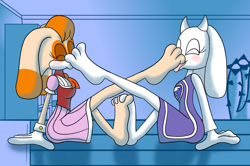 2girls barefoot bed bedroom bunny clothing dress feet female female/female female_only foot_fetish foot_worship footsie furry goat interlocked_toes kissing licking mepwep milf mother rabbit sega sonic_(series) sonic_the_hedgehog_(series) toes toriel undertale vanilla_the_rabbit yuri