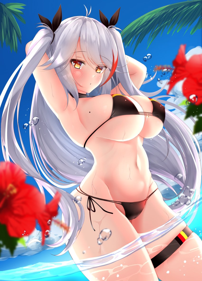 1girls 2020 absurd_res armpits arms_behind_head arms_up azur_lane balut_(7676i) bangs bare_shoulders black_bikini blush bow breasts cameltoe cleavage cloud collarbone erect_nipples erect_nipples_under_clothes eyebrows_visible_through_hair female female_only flag_bikini flower german_flag german_flag_bikini hair_between_eyes hair_ribbon highlights highres large_breasts long_hair long_twintails looking_at_viewer mole mole_on_breast navel nipple_bulge open_mouth outdoors palm_tree partially_submerged prinz_eugen_(azur_lane) prinz_eugen_(unfading_smile)_(azur_lane) red_highlights ribbon side-tie_bikini sideboob sidelocks silver_hair sky solo sparkle standing swimsuit thick_thighs thigh_strap thighs tree underboob very_long_hair water wet yellow_eyes