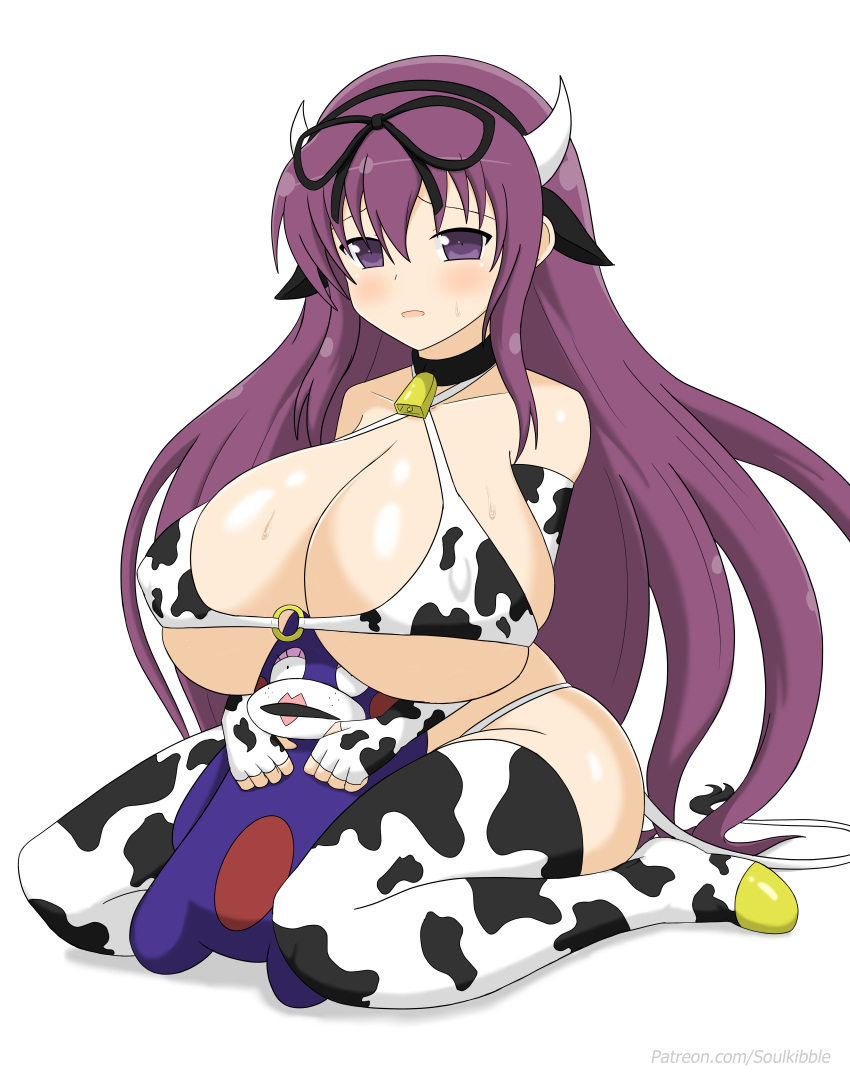 big_breasts cow_ears cow_girl cow_horns cow_print cow_tail cowbell murasaki_(senran_kagura) purple_eyes purple_hair senran_kagura senran_kagura_(series) soulkibble thick_thighs thighhighs thighs