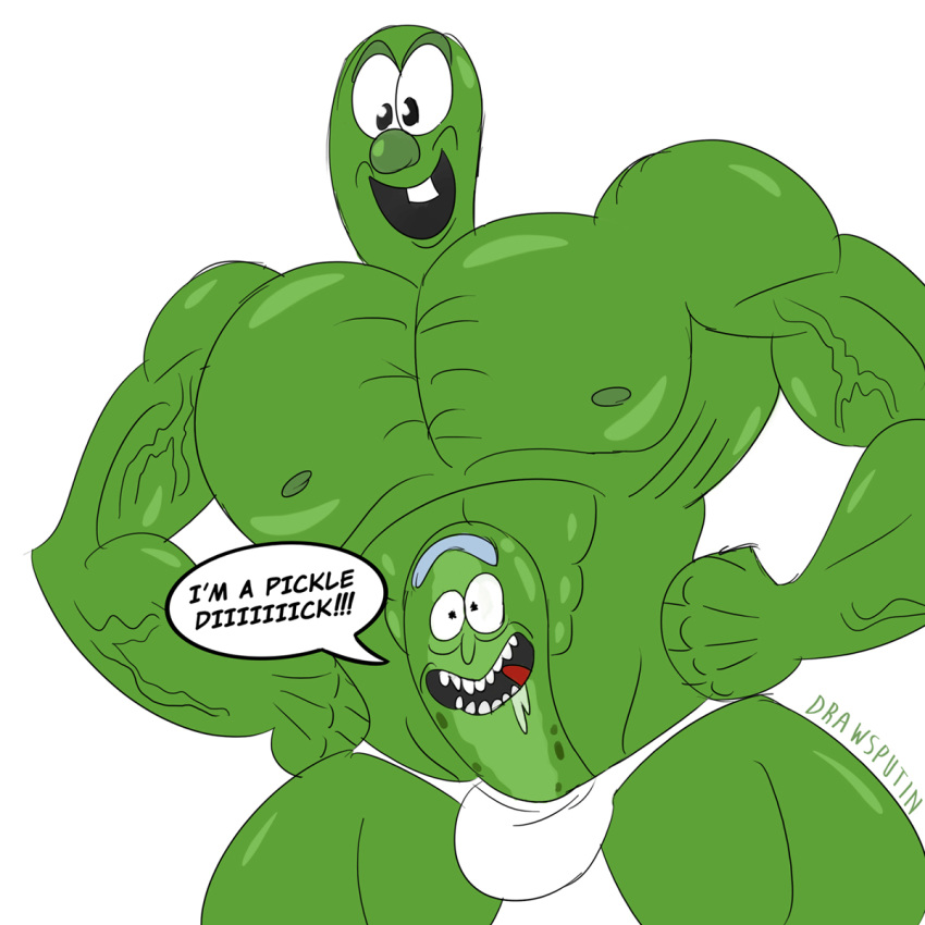 1:1 2019 2boys absurd_res adult_swim big_muscles bulge cartoon_network chest clothed clothing comcast crossover dick drawsputin drooling english_text erection food food_creature food_humanoid genitals green_body green_nipples green_penis green_skin has_science_gone_too_far hi_res humanoid larry_the_cucumber living_penis male male/male male_only meme muscles muscular muscular_humanoid muscular_male nipples not_furry open_mouth open_smile penis penis_transformation penis_with_face pickle_rick rick_and_morty rick_sanchez sentient_penis simple_background smile talking_penis teeth text thong tongue topless transformation underwear unibrow universal_studios unusual_anatomy unusual_genitalia unusual_penis veggietales what white_background