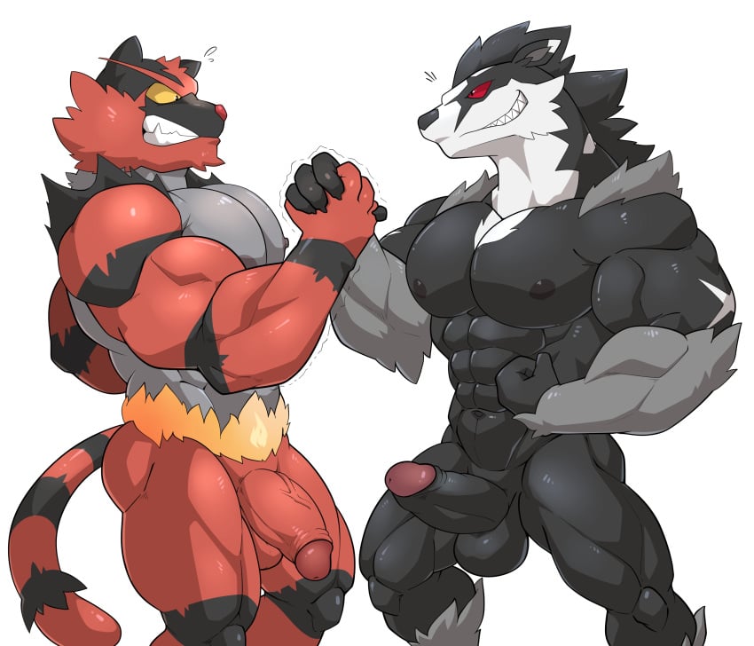 2020 abs absurd_res anthro balls bara biceps clenched_teeth duo erection flaccid gay genitals gesture handshake hi_res humanoid_genitalia humanoid_penis incineroar maldu male male/male male_only muscular muscular_anthro muscular_male navel nintendo nipples nude obstagoon pecs penis pokémon_(species) pokemon simple_background smile standing teeth video_games white_background