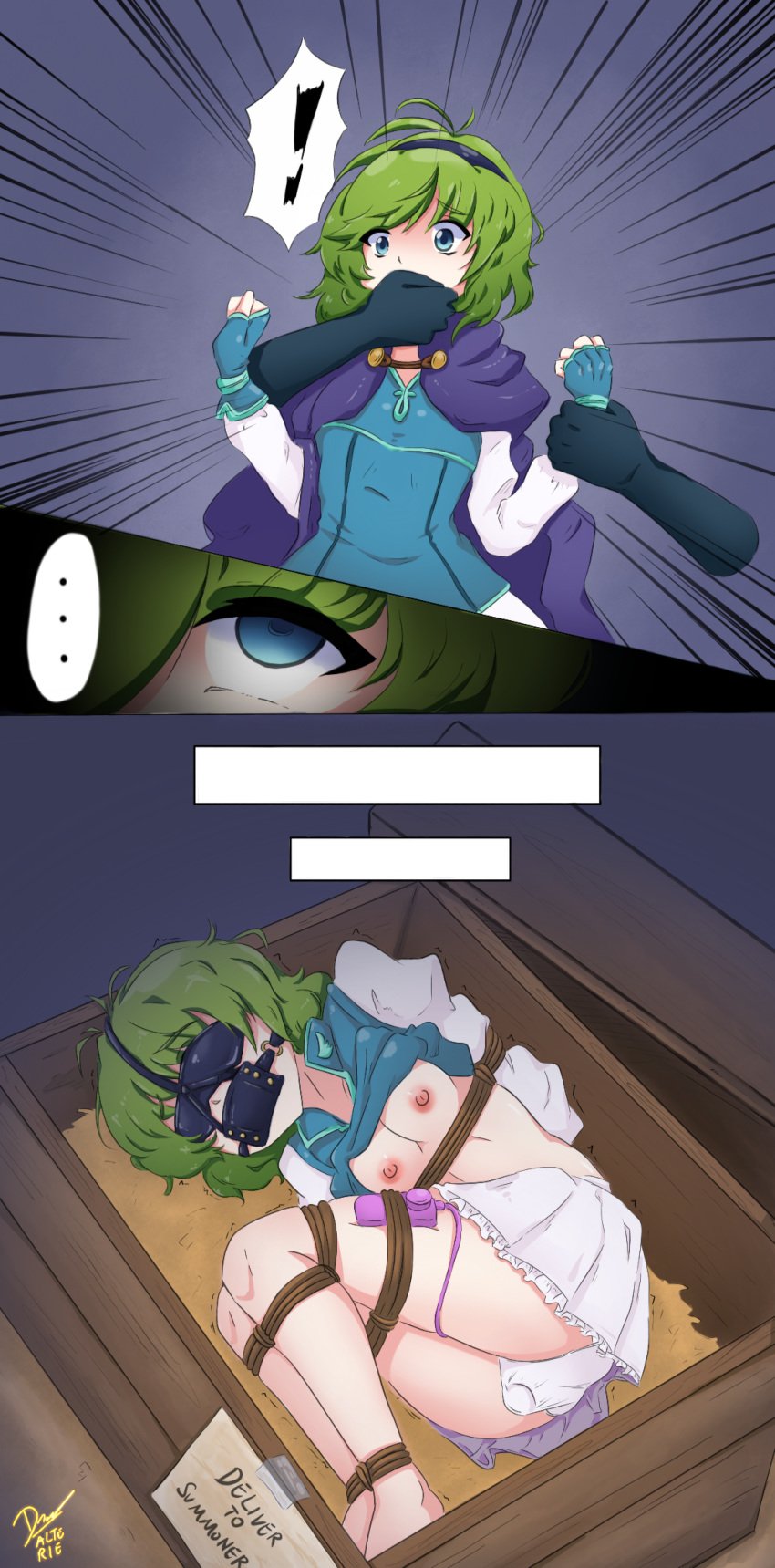 ! 1girls 2koma abducted alte-rie arms_behind_back blindfold bondage box chloroform clothing crying crying_with_eyes_open dildo dildo_under_panties english_text female femsub fire_emblem fire_emblem:_the_blazing_blade gag gagged green_eyes green_hair in_container kidnapped kidnapping nino_(fire_emblem) nintendo nipples panel_gag panties pantyshot pulled_up_shirt remote_control_vibrator rope rope_bondage rope_harness scared shirt_lift skirt small_breasts tears text upskirt vibrator vibrator_under_panties