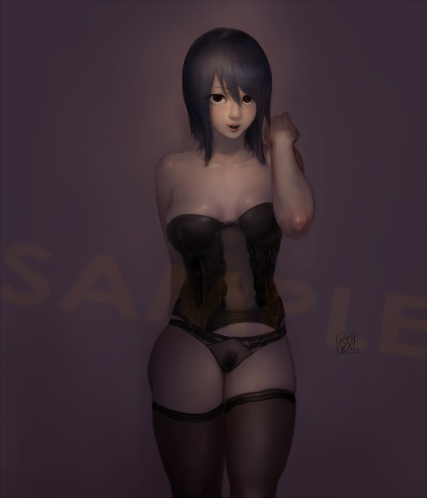 1girls bare_shoulders black_eyes black_hair breasts bustier corset female female_only lingerie long_hair looking_at_viewer naruto naruto_(series) naruto_shippuden no_bra panties pubic_hair renzai see-through see-through_panties shizune stockings underwear