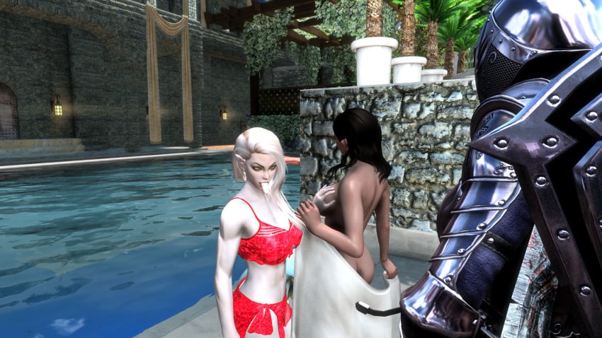 1futa 3d 3girls abs bethesda_softworks bikini black_armor black_hair blowjob dark-skinned_futanari dark_skin elf_ears fellatio futa_on_female futanari hand_on_breast holding_towel inviting knight knight_armor lesbeth_(sanguine_rose_666) pointy_ears pool private_pool red_bikini sanguine_rose_666 skyrim the_elder_scrolls tongue tongue_out towel white_hair yellow_eyes