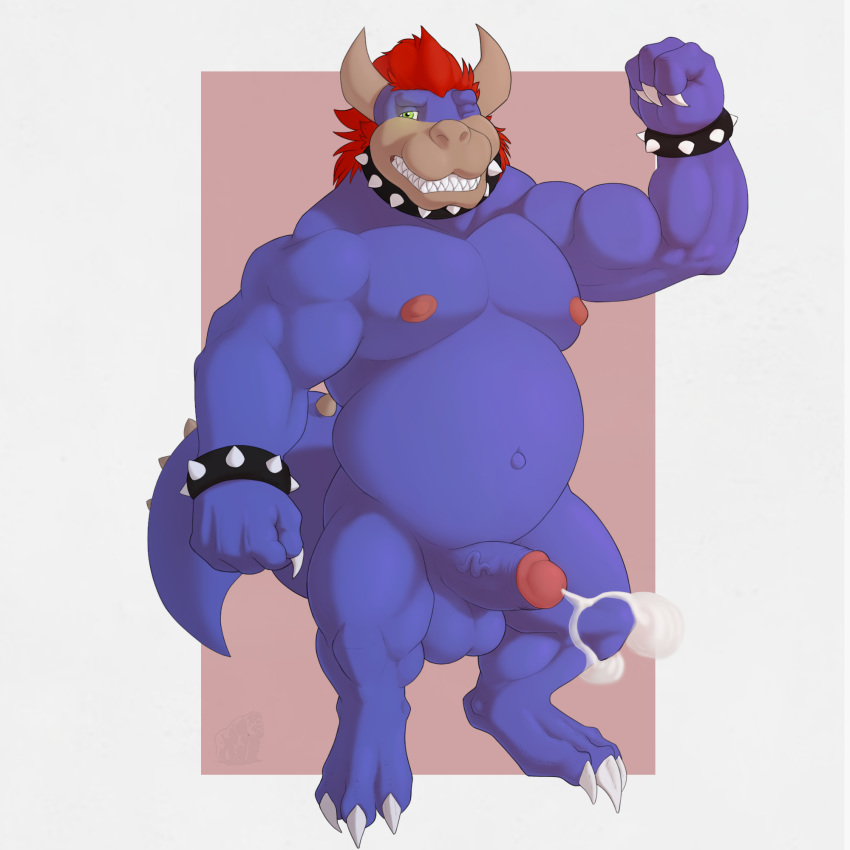 1:1 belly bodily_fluids bowser cum foreskin genital_fluids hi_res koopa male male_only mario_(series) muscular muscular_male nintendo nipples overweight overweight_male scalie solo solo_male video_games wulfiewilk