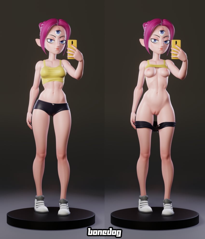 1girls 3_eyes 3d aged_up athletic athletic_female bonedog boscha breasts collar disney disney_channel female female_focus female_only legs magenta_hair midriff multi_eye nipples pants_down phone pointy_ears pussy shirt_up shoes short_shorts shorts shorts_down shoulders stomach straight_hair tagme taking_picture the_owl_house tummy vagina yellow_top