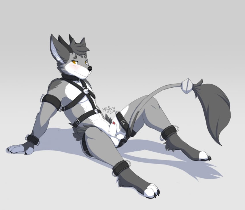 2018 3_toes 4_fingers abstract_background amber_eyes animal_genitalia animal_penis ankle_cuffs anthro arm_cuffs arm_support balls biped black_collar blush body_harness canid canine claws collar fingers fur genitals gg_(tenecayr) grey_background grey_body grey_fur grey_hair grey_tail hair handcuffs harness horn hybrid leg_cuff male male_only mammal milodesty monotone_hair multicolored_body multicolored_fur nude on_ground penis raised_tail reclining shackles sheath signature simple_background solo tail_tuft toes tuft white_body white_fur