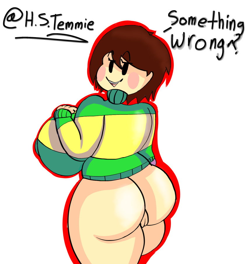 1girls 2020 artist_name artist_signature ass big_ass big_breasts bottomless breasts brown_hair bubble_butt chara dat_ass eyes_half_open female female_only h-s-temmie hands_on_breasts huge_ass huge_breasts human human_only pink_cheeks plain_background simple_background striped striped_clothing striped_sweater tagme text undertale visible_nipples white_background