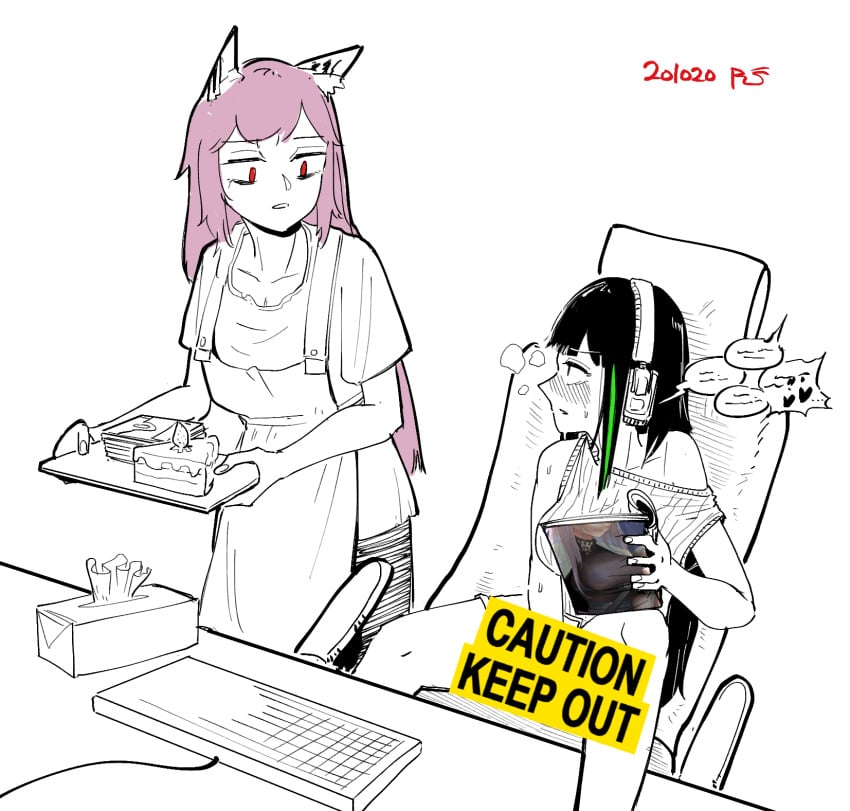 2girls apron black_hair blush book breasts cake caught caught_masturbating caution caution_tape censored chair collarbone english_text eyebrows_visible_through_hair female female_only floppy_disk food girls'_frontline green_hair headphones heavy_breathing highres holding holding_book holding_magazine holding_tray implied_masturbation keep_out keyboard large_breasts leg_up limited_palette long_hair looking_at_another looking_to_the_side m4a1_(girls'_frontline) magazine medium_hair multicolored_hair multiple_girls off_shoulder open_mouth persica_(girls'_frontline) pink_hair pornography radish_p red_eyes short_sleeves simple_background sitting sleeveless speech_bubble standing streaked_hair sweat tissue_box tray white_background