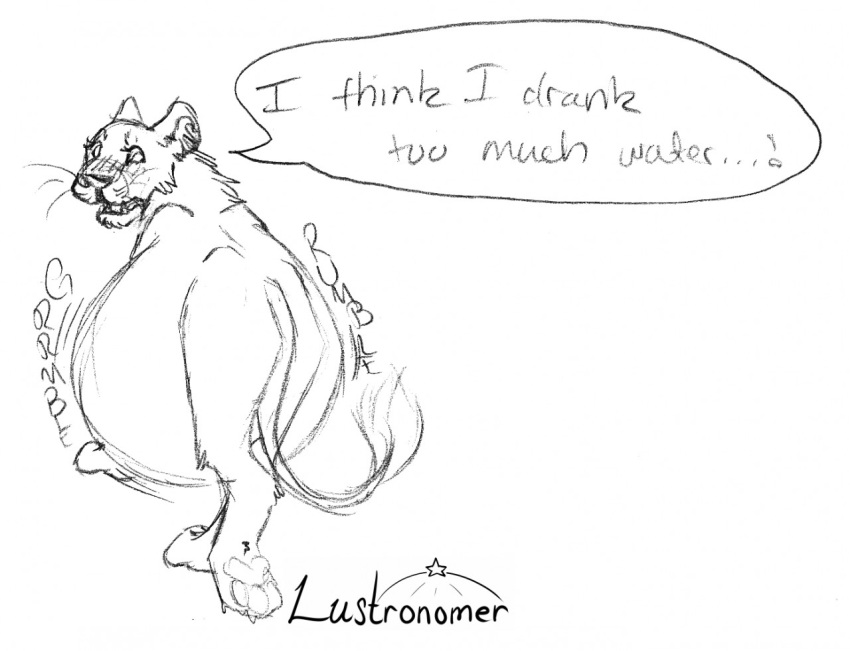 belly belly_noises big_belly blush felid feline female feral inflation lion lustronomer mammal monochrome pantherine pawpads simple_background sketch solo water_inflation