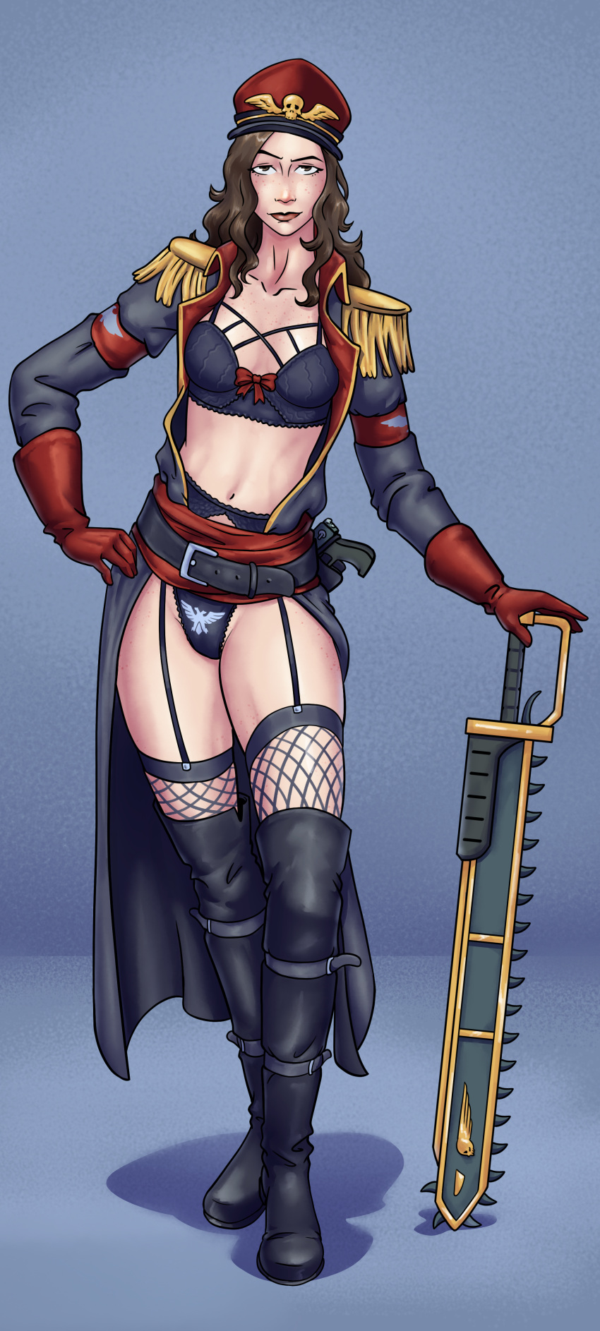 1girls astra_militarum breasts brown_hair chainsword commissar female female_only fishnets freckles garter_belt imperial_guard imperium_of_man jacket lingerie pink_nipples pinup pose solo solo_female sword warhammer_(franchise) warhammer_40k yastah_art