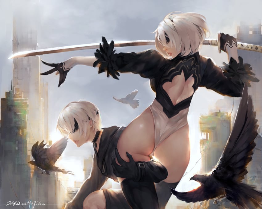 1boy 1girls ass bird black_clothing blindfold choker dako female high_heel_boots katana leotard male mole_under_mouth nier:_automata thigh_grab thighhighs thighs white_hair yorha_2b yorha_9s