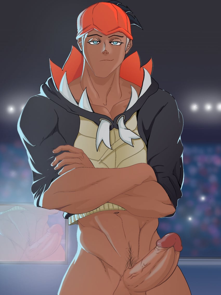 1boy bidbrock big_penis blue_eyes bottomless crossed_arms dark-skinned_male dark_skin erection hair looking_at_viewer male male_only nintendo penis pokemon pokemon_ss raihan_(pokemon) solo source_request video_games