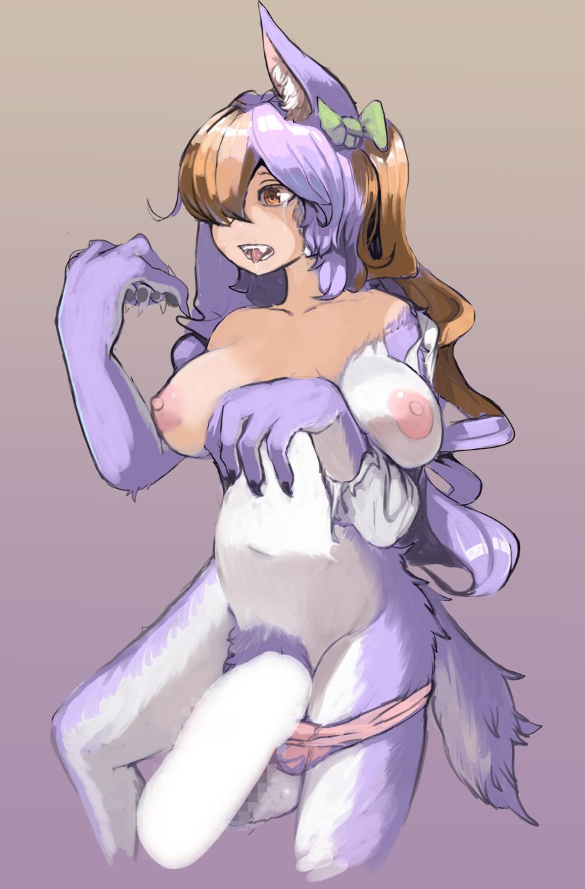 1futa 2020 balls breasts canid censored clothing digital_media_(artwork) digital_painting_(artwork) furry futa_only futanari genitals gynomorph hi_res human intersex mammal mid_transformation nipples penis ribbons simple_background solo tears toribako transformation underwear