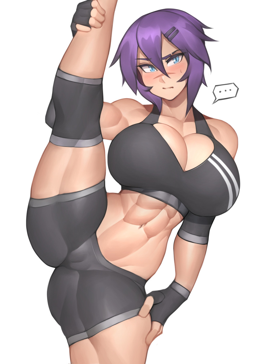 1girls abs absurdres blue_eyes breasts cameltoe center_opening cleavage elbow_pads female fingerless_gloves gloves hair_between_eyes hair_ornament hand_on_thigh highres impossible_clothes knee_pads large_breasts looking_at_viewer maya_(roadi3) midriff muscular_female navel original purple_hair roadi3 scar short short_hair short_shorts simple_background skin_tight solo splits sports_bra spread_legs thick_thighs tomboy vertical_splits