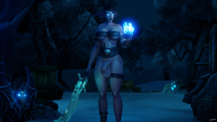 1futa 3d balls blue_eyes bottomless dark elf flaccid futa_only futanari glowing_eyes holding_weapon magic night_elf solo solo_futa standing sword ts_jendana warcraft world_of_warcraft wow