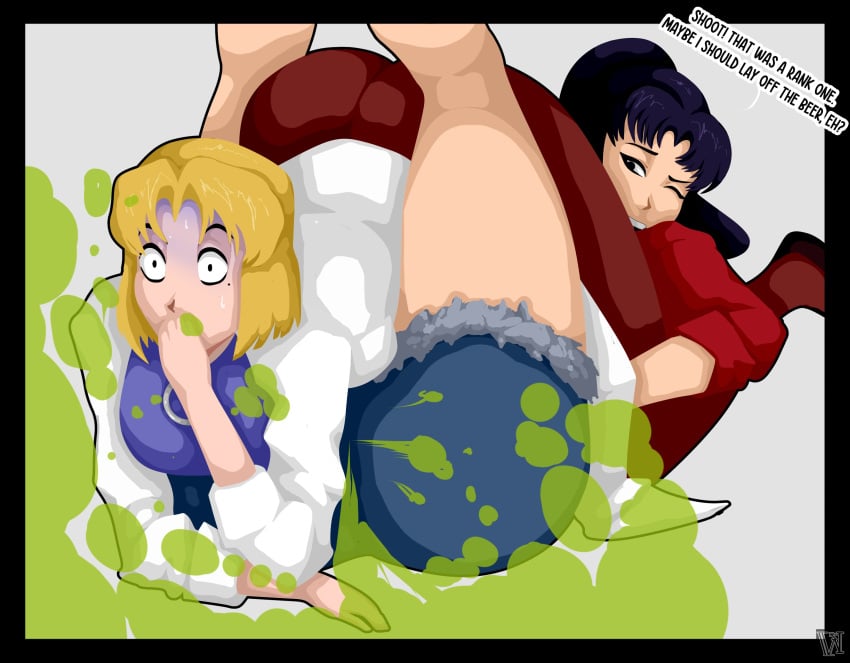 2girls blonde_hair clothing covering_mouth english english_commentary english_text fart fart_cloud fart_fetish farting large_breasts misato_katsuragi mole mole_under_eye multiple_girls neon_genesis_evangelion pubic_hair ritsuko_akagi shorts text text_bubble whoopseez yuri