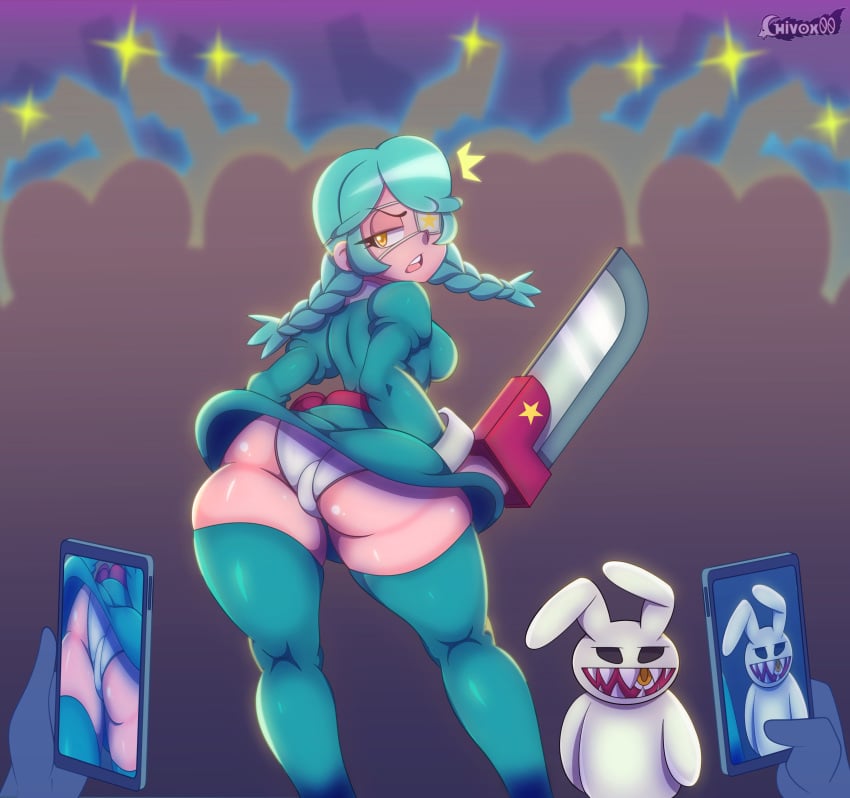 absolute_territory annie_(skullgirls) annoyed artist_name artist_signature ass backside bangs belt big_ass blue_dress blue_hair breasts bunny cellphone chivox00 crowd dress eyepatch huge_ass knife looking_back miniskirt panties pantyshot photograph photography public rabbit sagan_(skullgirls) short_skirt simple_background skullgirls small_breasts sword thick_thighs thighhighs thighs twintails white_fur white_panties wide_hips yellow_eyes