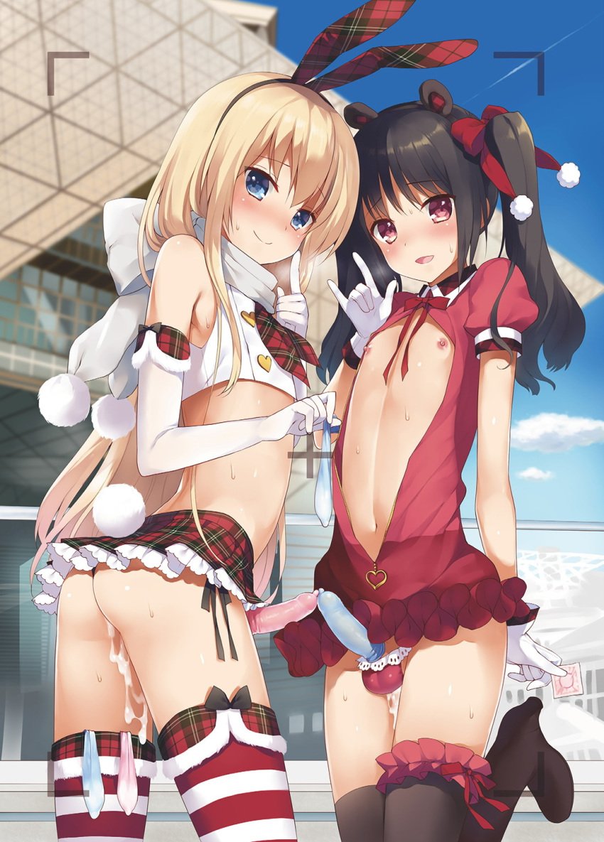 2boys animal_ears ass balls_in_panties black_hair blonde_hair bunny_ears camera condom condom_in_hand condom_in_thighhighs condom_on_penis cosplay crop_top crossdressing cum cum_in_ass cum_on_thighs cumdrip erection exhibitionism fake_animal_ears femboy frottage genderswap holding_condom kantai_collection long_hair looking_back love_live! love_live!_school_idol_project male male_only microskirt miniskirt nemunemu_(candy_paddle) nipples otoko_no_ko_heaven panties penis penises_touching rear_view ribbon scarf shimakaze_(kantai_collection) shimakaze_(kantai_collection)_(cosplay) skirt slutty_outfit smile standing thighhighs trap trap_on_trap twintails underwear used_condom yaoi yazawa_nico yazawa_nico_(cosplay)