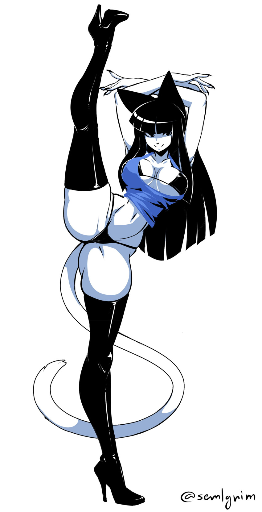 1girls anthro arms_above_head bangs black_eyes black_hair black_high_heels black_nails blunt_bangs boots breasts breasts_out cat_ears cat_tail catgirl feline female female_only high_heels kaylie_(sem-l-grim) leg_up long_hair long_nails sem-l-grim side-tie_bikini side-tie_panties smiling solo solo_female splits tail tank_top thick_thighs thigh_boots vertical_splits very_high_resolution white_background white_skin