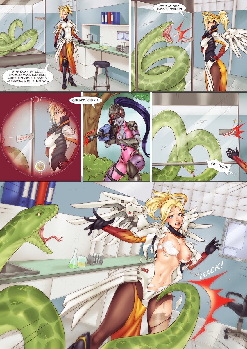 2girls blizzard_entertainment blonde_hair blue_eyes blue_hair blue_skin bodysuit broken_armor clothing comic hi_res highres impending_vore linart mercy multiple_girls overwatch scared snake snake_vore tight_clothing torn_clothes vore wide_hips widowmaker worried worried_look