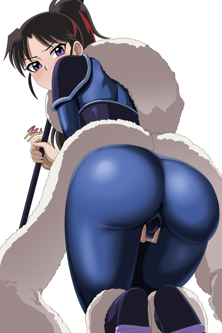 1girls angry anus_outline anus_visible_through_clothes ass big_ass blue_clothing blue_eyes blush brown_hair clothing_skin fat_ass female fur_scarf inuyasha jazzjack mostly_clothed pussy_visible_through_clothes setsuna_(yashahime) spear spread_pussy tight_bodysuit white_background yashahime:_princess_half-demon