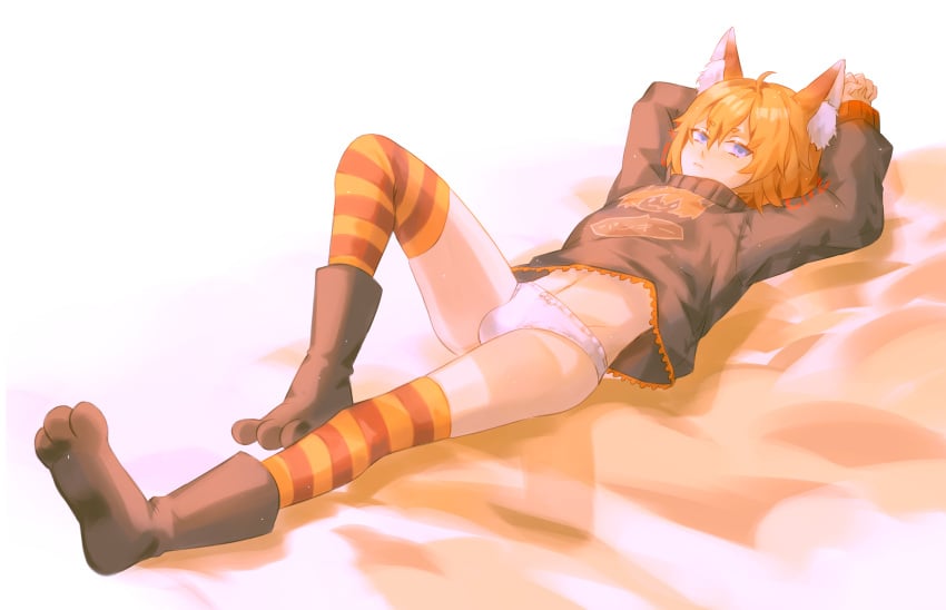 bed blue_eyes brown_hair bulge cute feet femboy femboy_only fox fox_boy fox_ears fox_tail furry kawaii laying_down laying_on_bed pale_skin panky pankyvt relaxed short_hair soft soft_shading streamer thighhighs trap tsundere virtual_youtuber vtuber youtuber