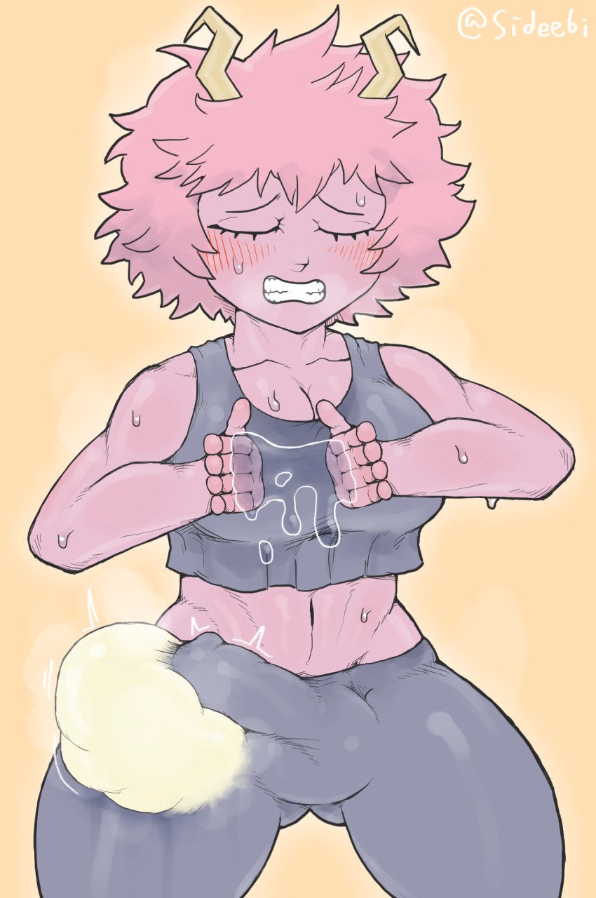 1futa balls big_breasts big_penis black_sclera breasts bulge clenched_teeth clothed clothing cum cum_balloon cum_in_clothes ejaculation erection_under_clothes excessive_cum fully_clothed futa_only futanari hands-free humanoid humanoid_penis mina_ashido my_hero_academia orgasm penis pink_hair pink_skin sideebi solo solo_futa spontaneous_orgasm steam sweat