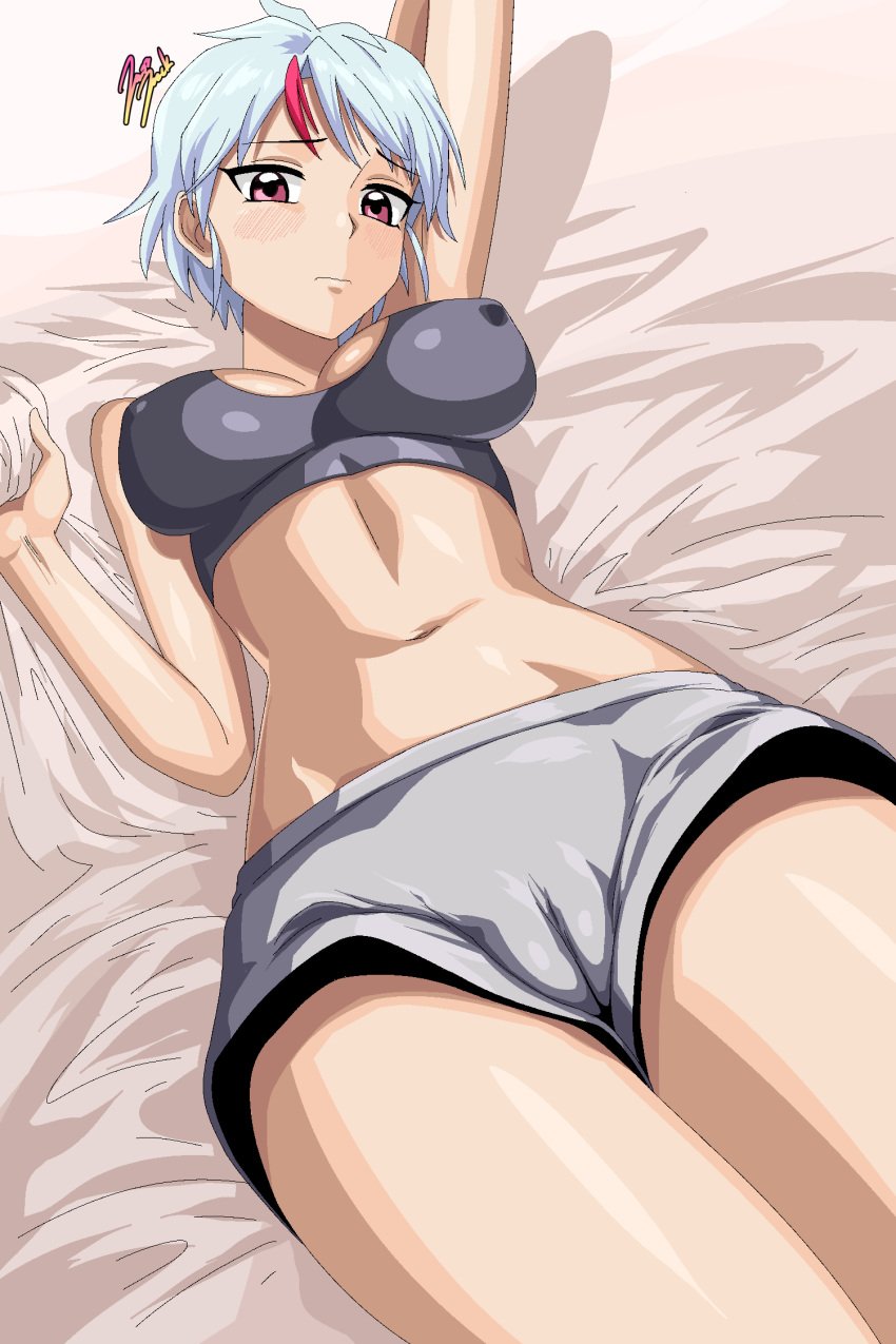 1girls big_breasts blush female higurashi_towa inuyasha jazzjack mostly_clothed nipples_visible_through_clothing red_eyes short_hair silver_hair tight_pants tomboy visible_pussy yashahime:_princess_half-demon