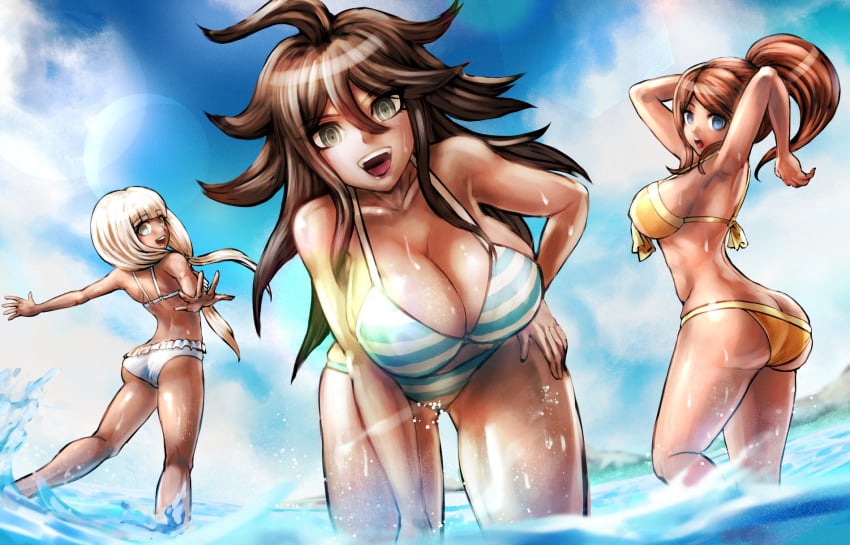 3girls accurate_art_style asahina_aoi ass beach bikini blonde_hair blue_eyes brown_hair cleavage clothed danganronpa danganronpa:_trigger_happy_havoc danganronpa_2:_goodbye_despair danganronpa_s:_ultimate_summer_camp danganronpa_v3 dark_skin dgrp female female_only from_below green_eyes human island large_breasts leaning_forward long_hair looking_at_viewer looking_back multiple_girls ocean open_mouth outdoors over_shoulder over_the_shoulder owari_akane ponytail sea smile swimsuit toned_female water waves wet yonaga_angie