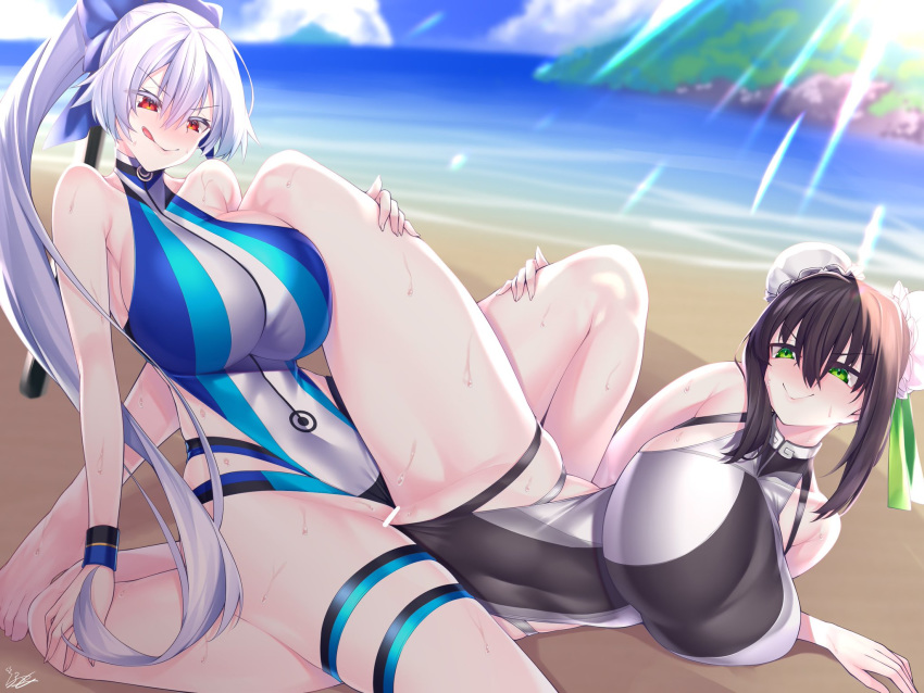 beach blush curvy dark_hair fate/grand_order fate_(series) green_eyes hair_bun huge_breasts large_breasts licking_lips one-piece_swimsuit qin_liangyu_(fate) red_eyes silver_hair swimsuit thick_thighs tomoe_gozen_(fate) tomoe_gozen_(swimsuit_saber) tribadism watosu_(watosu_mama) yuri