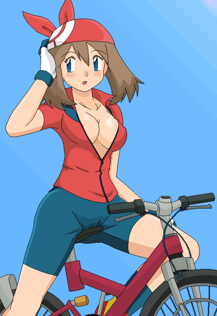 1girls areola_slip bandana bicycle big_breasts bike_shorts blue_eyes breasts brown_hair busty cameltoe cleavage clothing female female_only footwear ground_vehicle handwear hat headwear hi_res human kuro_hopper large_breasts may_(pokemon) nintendo nipple_slip nipples no_bra oekaki open_clothes open_shirt pale_skin pokemon shirt solo sweat tomboy unzipped