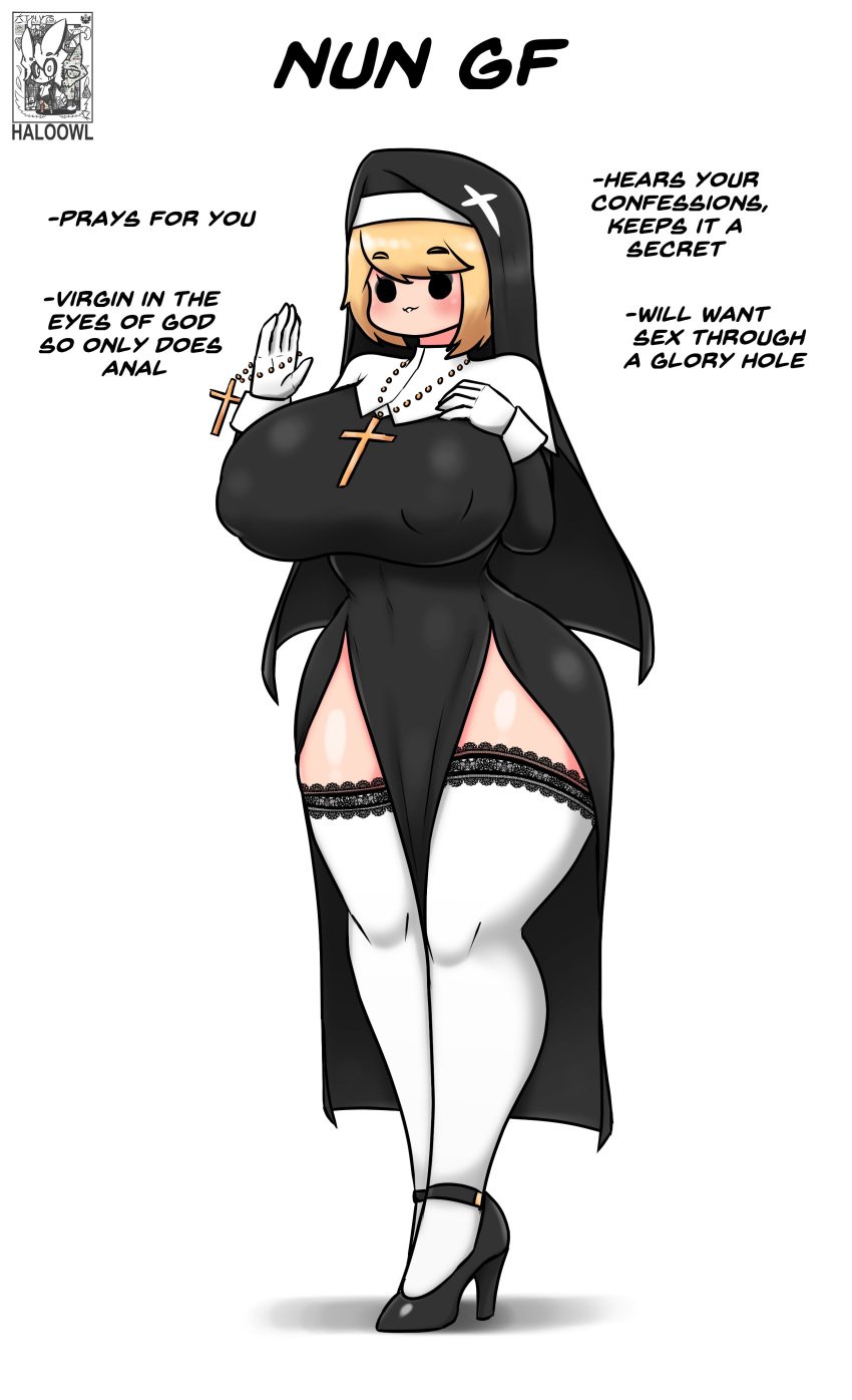 1girls areola_bulge big_breasts blonde_hair blush curvy_figure female gloves haloowl high_heels huge_breasts ideal_gf large_breasts legwear nun nun&#039;s_habit original pelvic_curtain short_hair solo standing text thick_thighs thighs tight_clothing voluptuous white_background wide_hips