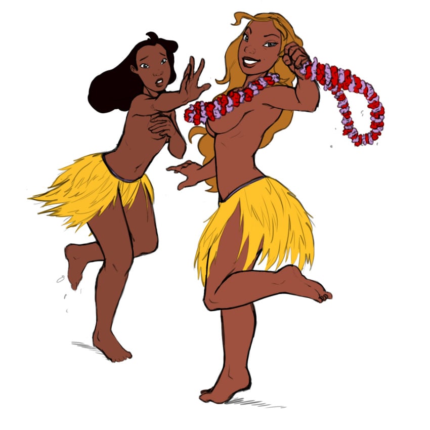 2girls artist_request belly black_hair blonde_hair clothes_removed clothes_thief covering_breasts dark-skinned_female disney embarrassed garland grass_skirt hula large_breasts lei lifeguard_(lilo_and_stitch) lilo_and_stitch medium_breasts nani_pelekai stolen_clothes straight_hair topless voluptuous